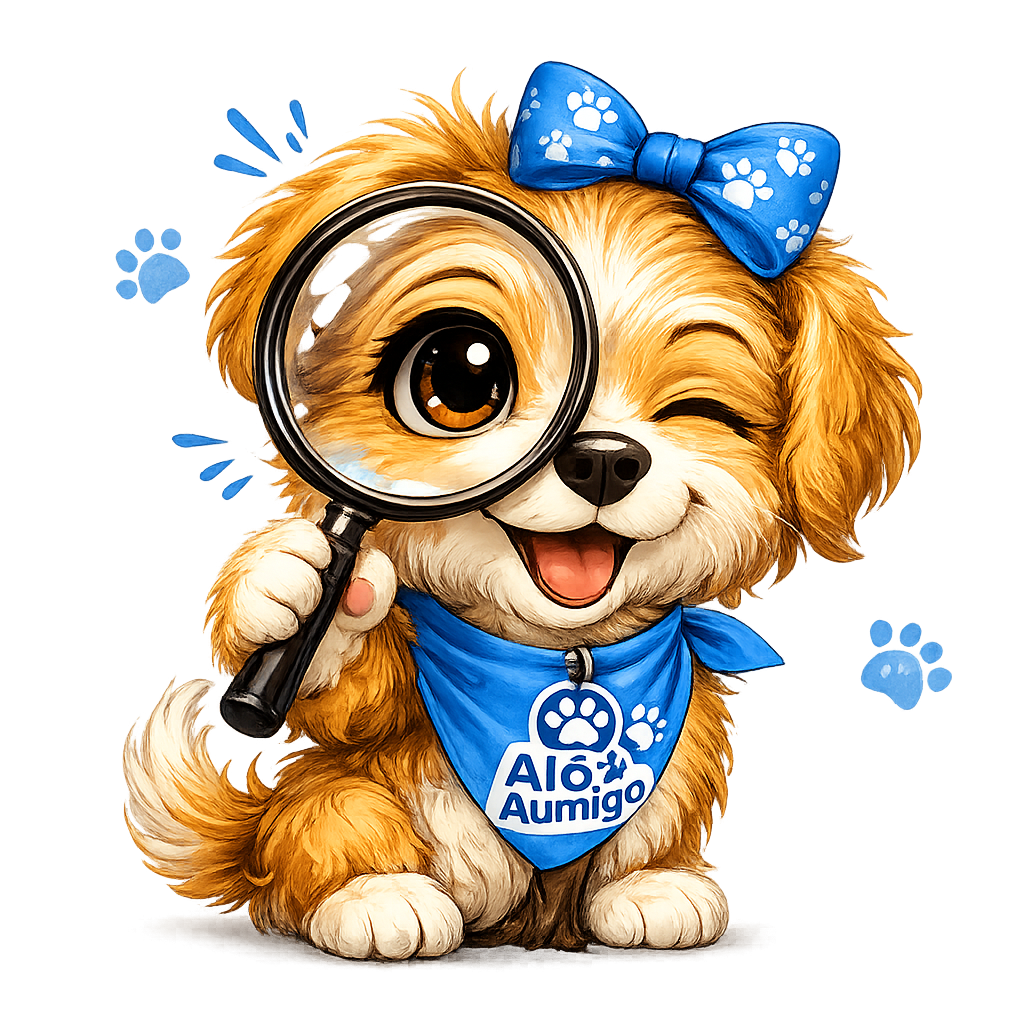 Bebê, mascote do Projeto Alô Aumigo, com lupa